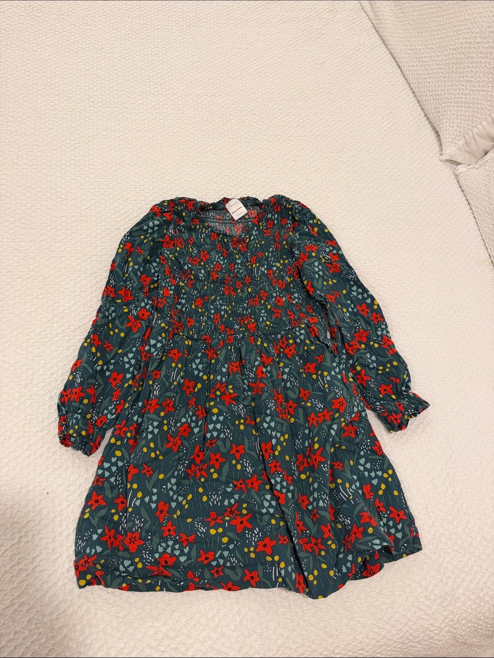 Hanna Andersson Teal Floral Smocked Dress with Red Flowers